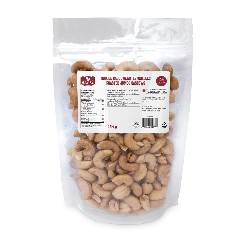 Roasted Jumbo Cashews - Unsalted (454g) - Bassé Nuts