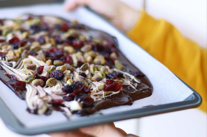 CHOCOLATE BARK WITH PISTACHIOS, CHERRIES AND SEA SALT